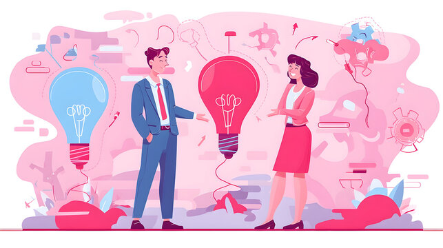Creative Team Discussing Ideas with Lightbulb Concepts in Pink and Blue