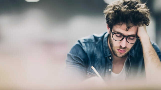 Young man with curly hair and glasses leaning on hand, experiencing burnout or lack of motivation while studying