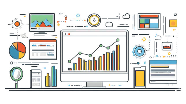 Data analysis illustration with charts, graphs, and business icons on white background