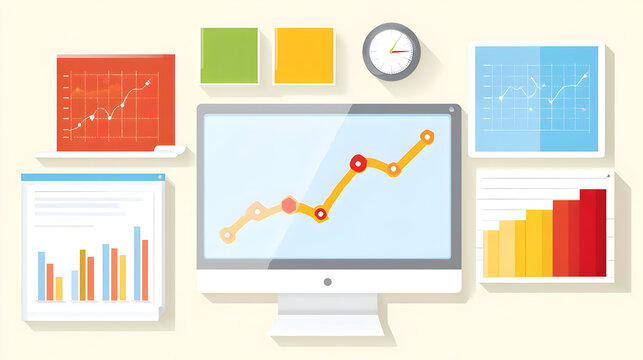 Financial Dashboard with Rising Graph, Clock, and Colorful Bar Charts on a White Wall - Powered by Adobe