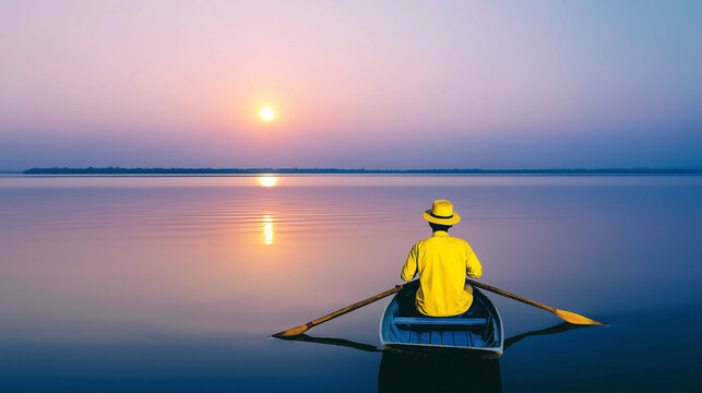 Person rowing a small boat on a still lake, facing the sunrise at dawn. Serene moment of solitude and new beginnings