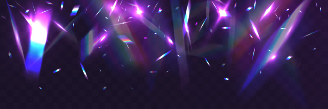 Crystal light leak with iridescent prism streaks, neon rainbow glare and holographic reflections. Shimmering crystal shards and radiant lens flares create a vibrant futuristic abstract overlay.