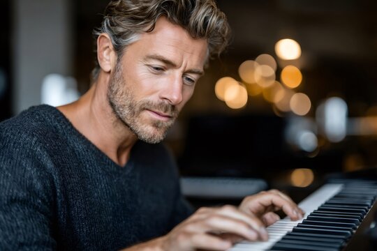 Mature man playing keyboard piano focusing on music
