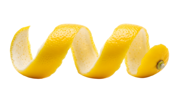 A single fresh yellow lemon peel twisted into a decorative spiral curl for a cocktail garnish, isolated on a clean white background