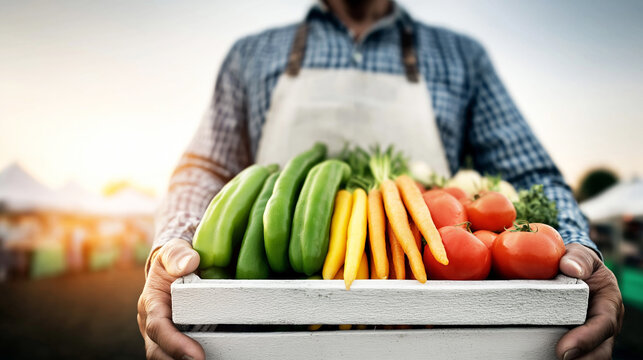 Farmer presenting a wooden crate filled with a colorful assortment of fresh organic vegetables, showcasing healthy produce and sustainable agriculture