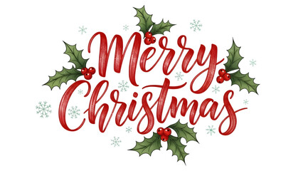 Merry christmas calligraphy with holly and snowflakes isolated on transparent background