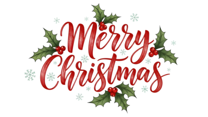 Merry christmas calligraphy with holly and snowflakes isolated on transparent background