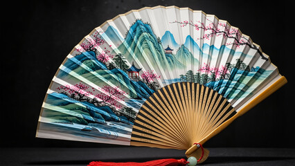 Beautiful decorative hand fan featuring traditional landscape painting