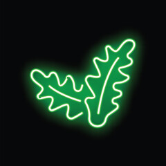 Green neon sign showing two oak leaves, isolated on black background