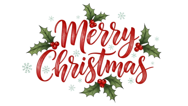 Merry christmas calligraphy with holly and snowflakes isolated on transparent background