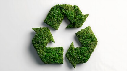 Eco-friendly recycle symbol formed by lush green grass arrows casting soft shadow on white studio background in realistic 3D vector illustration for sustainability branding