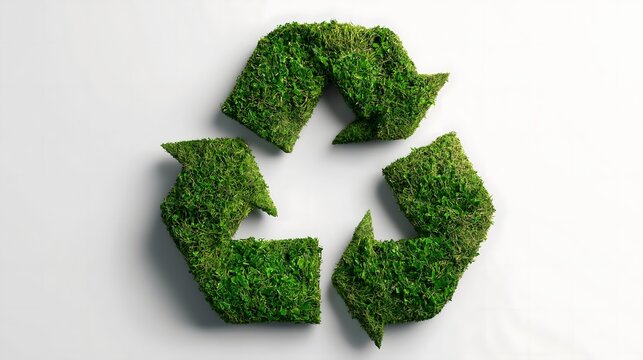 Eco-friendly recycle symbol formed by lush green grass arrows casting soft shadow on white studio background in realistic 3D vector illustration for sustainability branding
