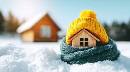 Small wooden house model in snow, wrapped in knitwear, representing home heating, energy efficiency, and cozy winter housing
