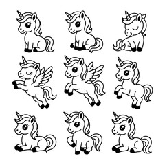 Cute unicorn illustrations in various playful poses suitable for children s art and design projects