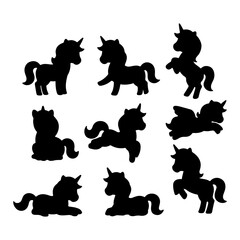 Various silhouettes of unicorns in playful poses against a white background