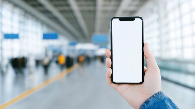 Person holding a mobile phone with a white empty display screen, showing connectivity and app usage in a busy public place