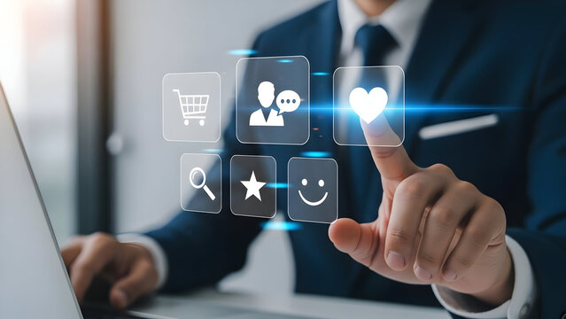 "Digital Commerce & Customer Engagement: Interactive UI Touches Over a Modern Workspace"