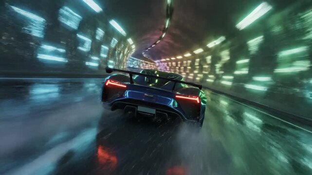 Electric sports car speeds through futuristic neon tunnel creating a dynamic light show