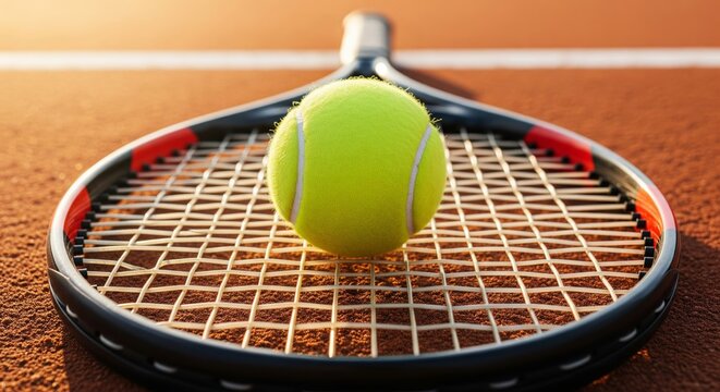 Tennis Ball Resting on Racket on Clay Court Close-Up