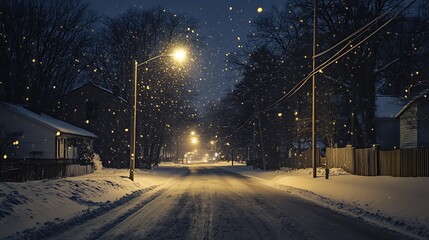 Peaceful snow covered village road at night