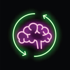 Neon sign depicting a brain with circular arrows, symbolizing the ongoing process of learning and generating new ideas