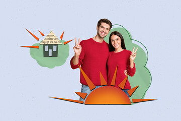Poster graphics collage of people stand make v sign near small house sun clouds on blue background