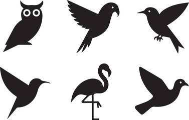 Fototapeta premium Set of birds, vector illustrations, isolated black and white silhouettes, minimal wildlife collection for nature, forest, and educational use