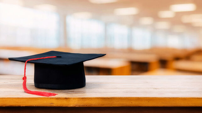 Black graduation cap with a red tassel resting on a wooden desk, symbolizing the completion of education and new beginnings
