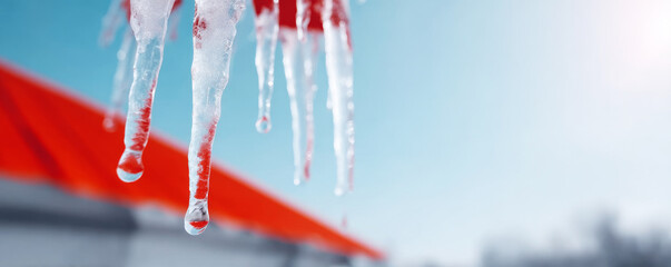 Melting icicles dripping water from a red roof on a bright winter day, signaling change of season
