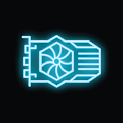 Glowing blue neon icon of a computer graphics card, highlighting the cooling fan on a black background
