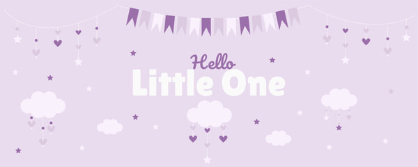 Welcome banner for a newborn baby with beautiful garlands and cute clouds in purple shades © Tetiana Shpak