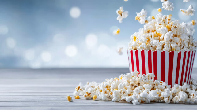 Popcorn exploding from classic striped tub, falling around, creating a joyful, abundant snack for entertainment - Powered by Adobe