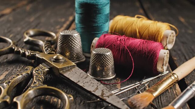 Vintage sewing tools and threads on rustic wooden surface creative crafting background