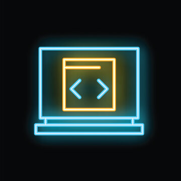 Neon computer screen showing web development code brackets icon on black background