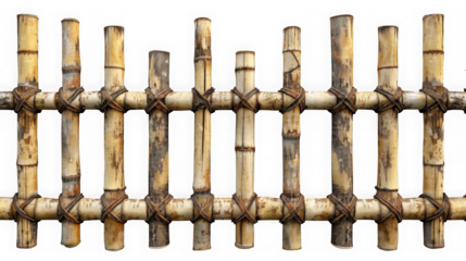 Rustic woven bamboo fence section with natural texture and earthy tones isolated on transparent background