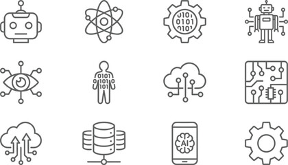 Artificial intelligence and technology icons set, robotics and cloud computing concept, cad drawing flat vector illustration, black and white