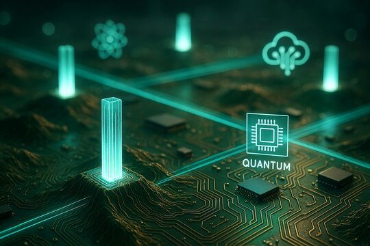 Circuit board rendered like a living terrain landscape, energy nodes rising like skyscrapers, quantum processing symbols floating as holographic inscriptions, emerald and cobalt light rays connecting 