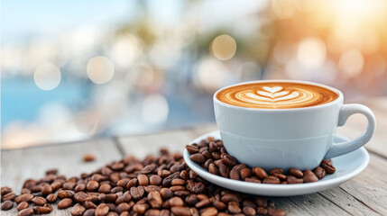Cappuccino with heart latte art and roasted coffee beans on a wooden table, enjoying a relaxing outdoor cafe moment