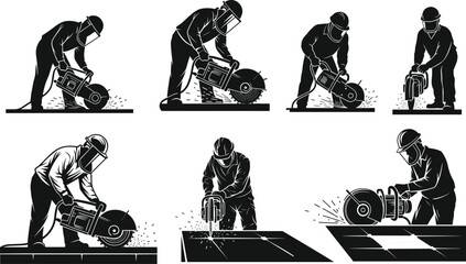 Construction worker using power saw with safety gear, cutting process step by step, industrial safety training, cad drawing flat vector illustration