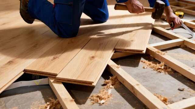 Closeup on workers fitting smooth maple hardwood boards highlighting the light subtle grain patterns as they create a stylish contemporary floor foundation.