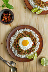 Overhead View of Asian Rice Plate with Minced Meat and Egg