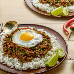 Classic Thai Rice Dish with Minced Meat, Fried Egg, and Lime