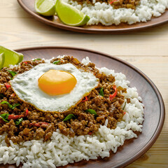 Classic Thai Rice Dish with Minced Meat, Fried Egg, and Lime