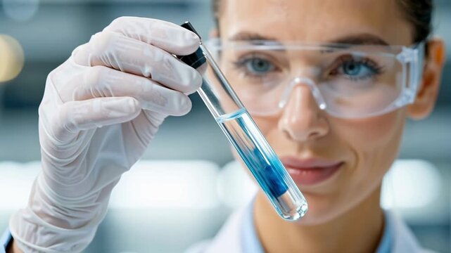 close up of a female scientist wearing safety goggles and gloves while gently shaking a test tube, as the clear liquid inside gradually changes to a blue color during a chemical reaction
