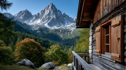 Wooden alpine mountain cabin overlooking a valley forest