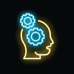 Obraz premium Neon glowing icon of a human head silhouette with cogwheels inside, representing the thinking process