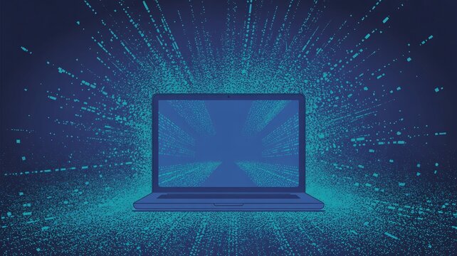 Modern laptop with vibrant digital data stream background for innovation