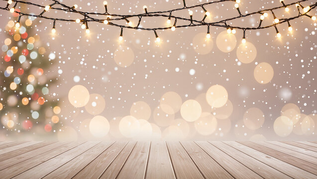 A collection of elegant Christmas studio backgrounds featuring warm fairy lights, soft bokeh, falling snow, decorated Christmas trees, cozy fireplace ambiance, and large window views. Wooden floors an