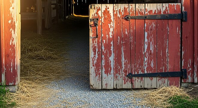 Old wooden door with weathered number sign on the red brick wall of an abandoned factory building