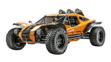 Detailed orange and black off road buggy with large tires and roll cage isolated on transparent background